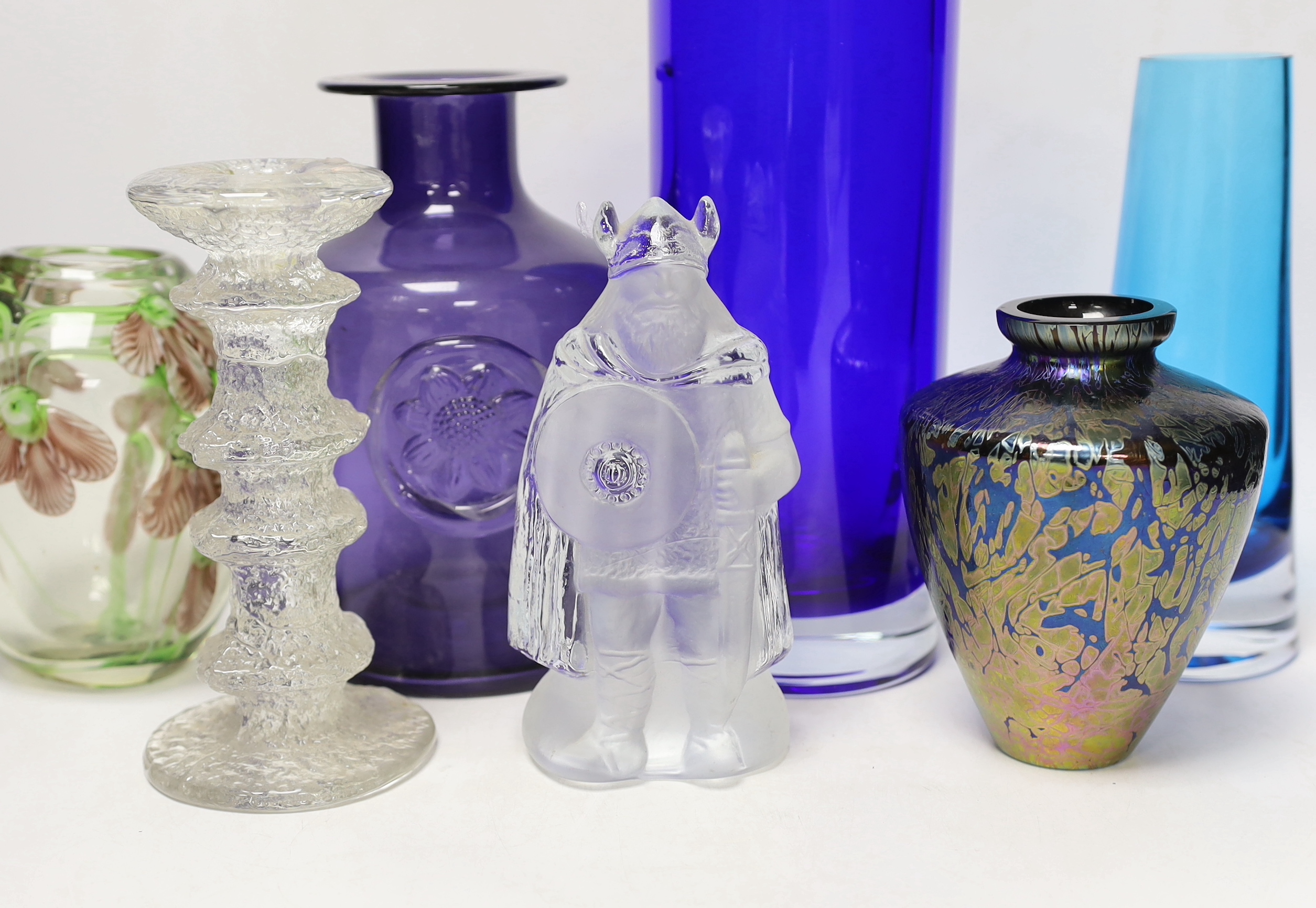 Ten studio glass pieces, including five vases, a candlestick, a figure of a bird, etc.